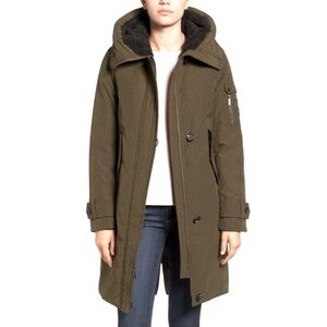 French Connection Women’s XS Insulated Parka Trench Coat‎ Army Green Hooded Long